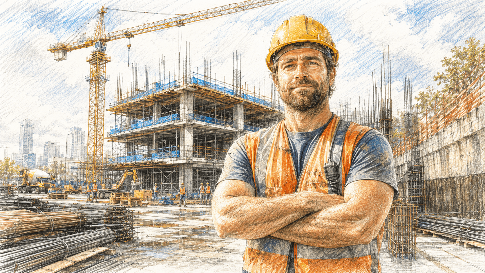 Construction site with a compliant trade worker in the foreground